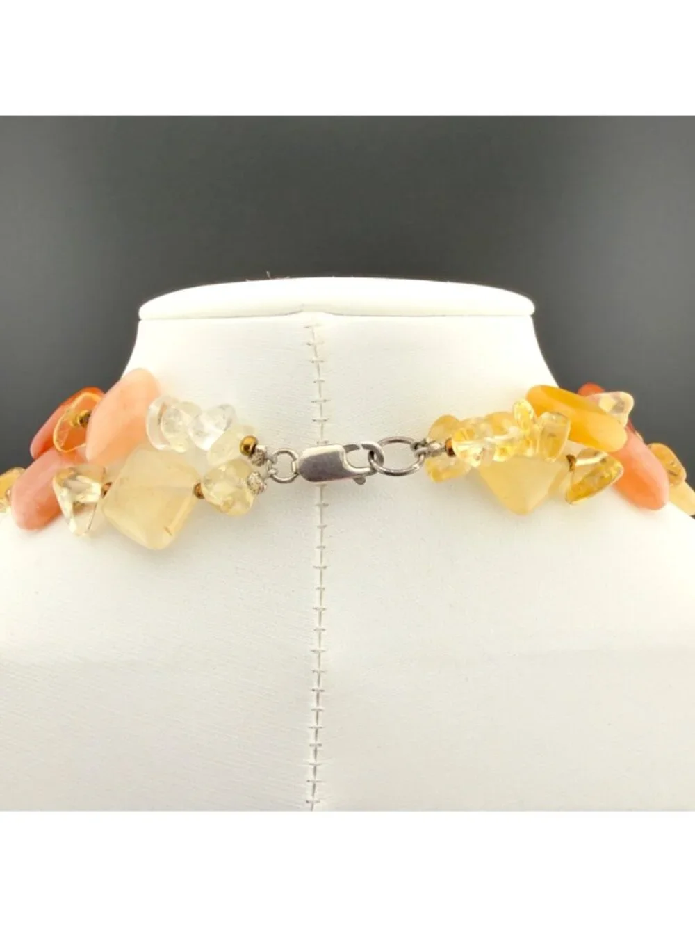 Natural Stone Beaded Necklace Double Strand Yellow Peach Sterling Silver Clasp